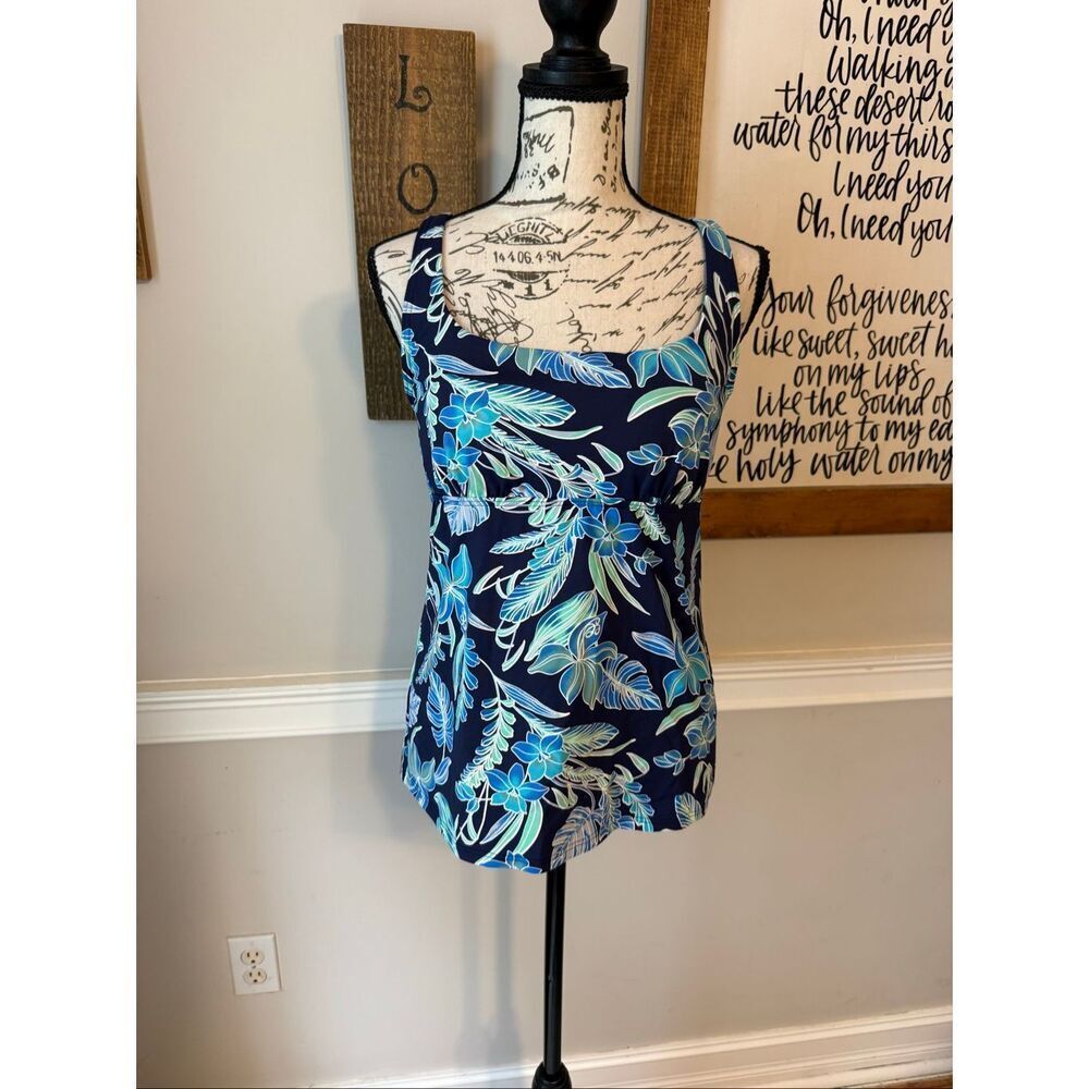 Lands' End Women's Tropical Floral Underwire Swim Tankini Top Navy Blue Size 10